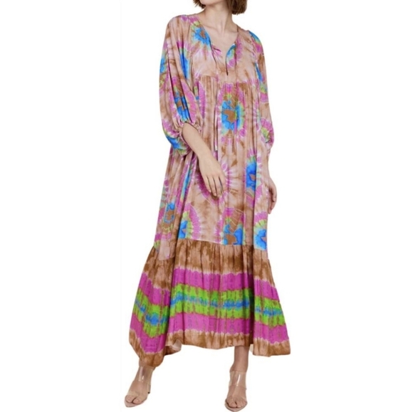 SOFIA COLLECTIONS Anastasia Flowy With Neck Tie Tye Dye Pattern Maxi Dress(O/S) - Picture 1 of 10